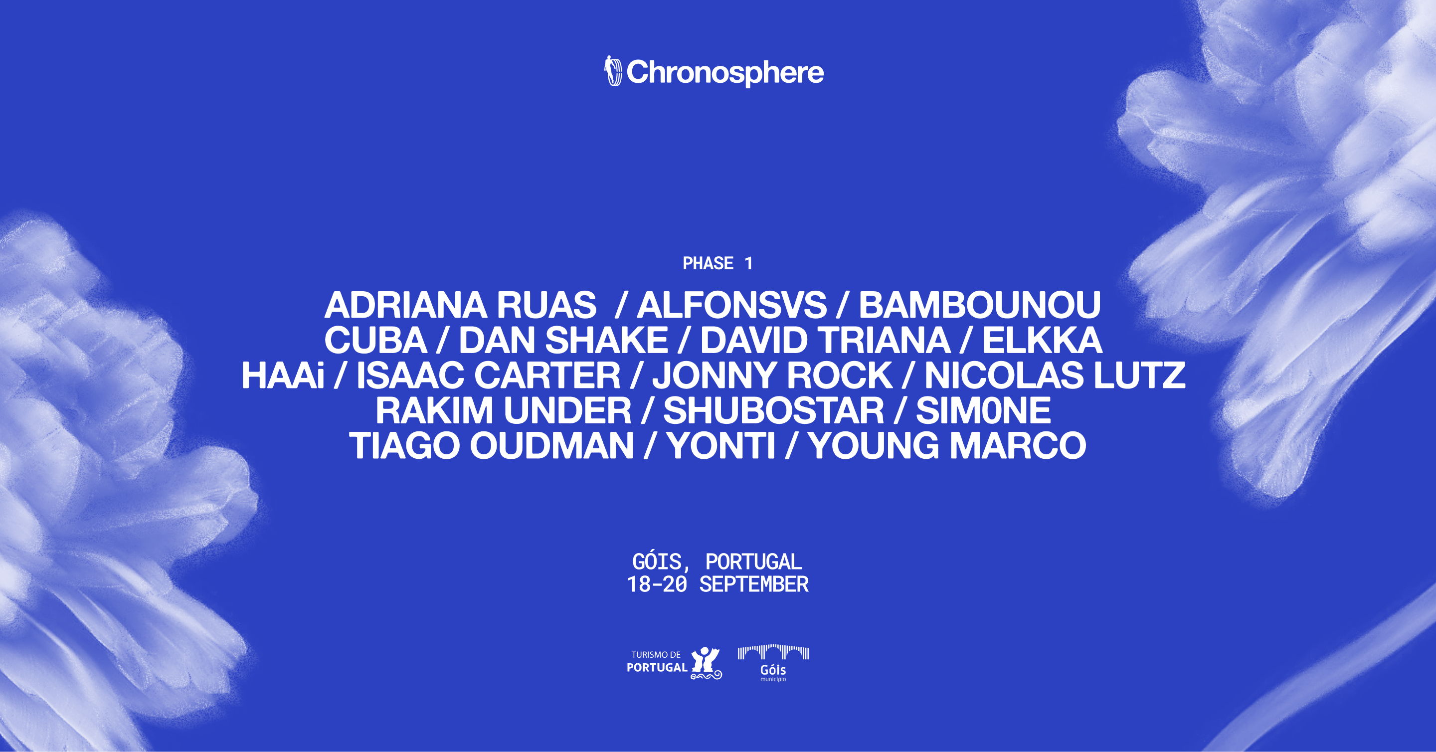 Official Chronosphere Festival poster, blue with clouds, listing the artists and the line Góis, Portugal, 18-20 September