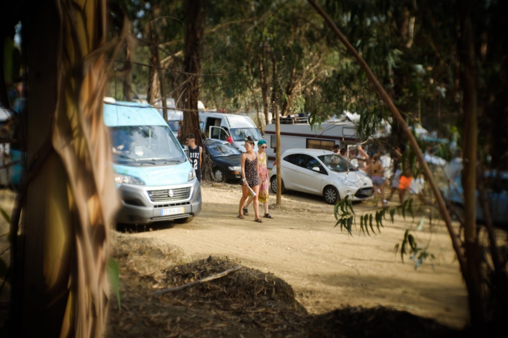 Camper vans and cars parked among the trees at the festival campsite