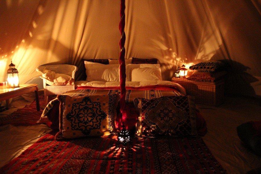 Interior of a Luxury glamping bell tent at Chronosphere