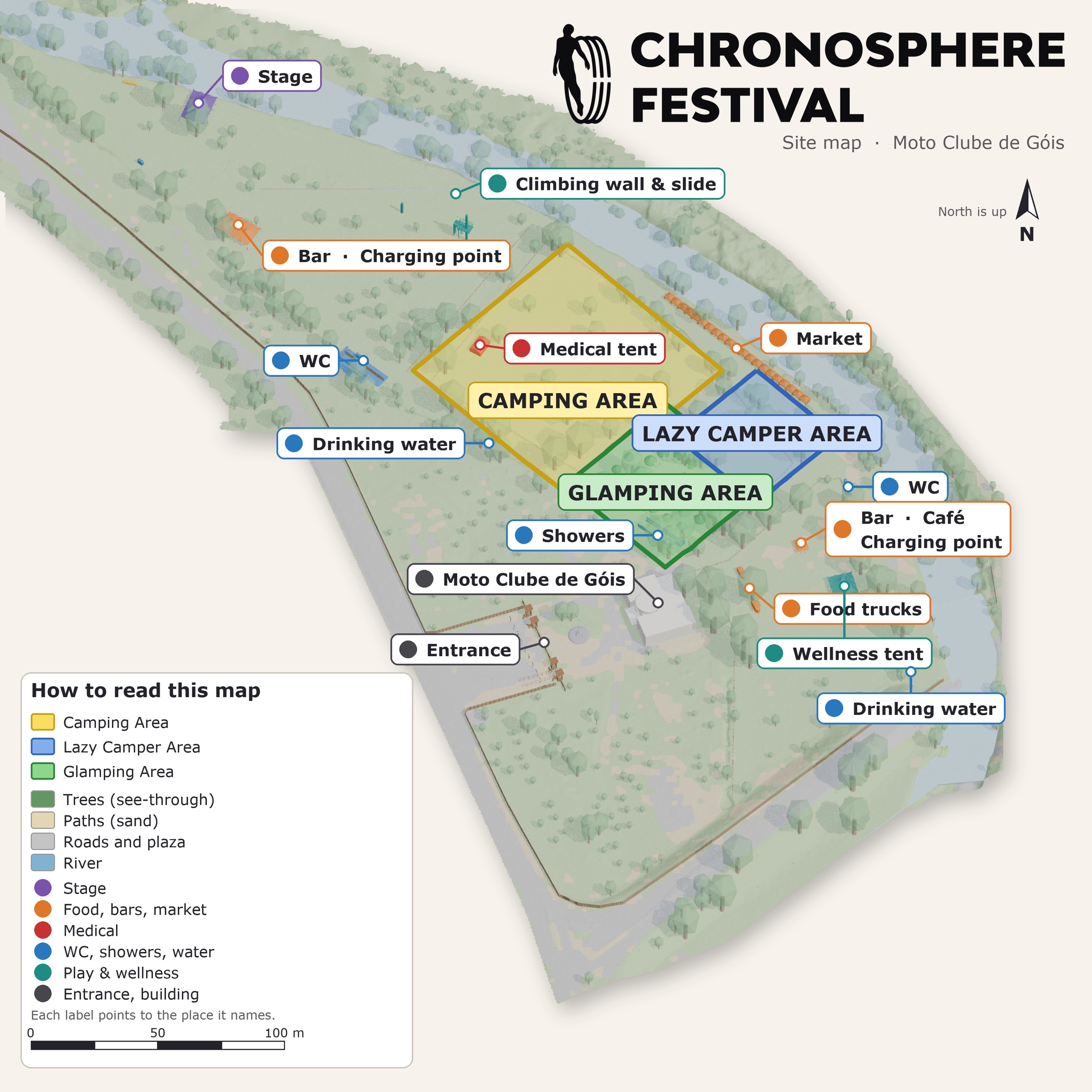 Mapa do Chronosphere Festival no Motoclube de Góis, com campismo, glamping, lazy campers, palco, bares, mercado, casas de banho, duches e a tenda de wellness.